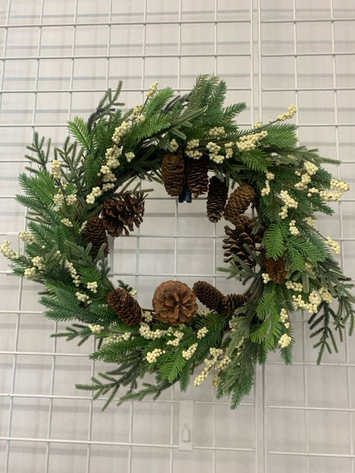 FAUX WREATH W PINECONES AND WHITE PIP BERRIES.