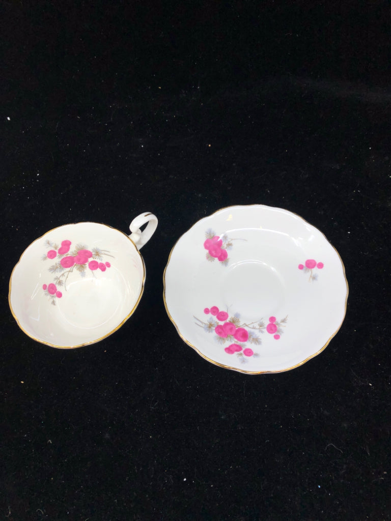 VTG PINK FLORAL W GOLD RIM ACCENTS TEACUP AND SAUCER- RADFORDS.