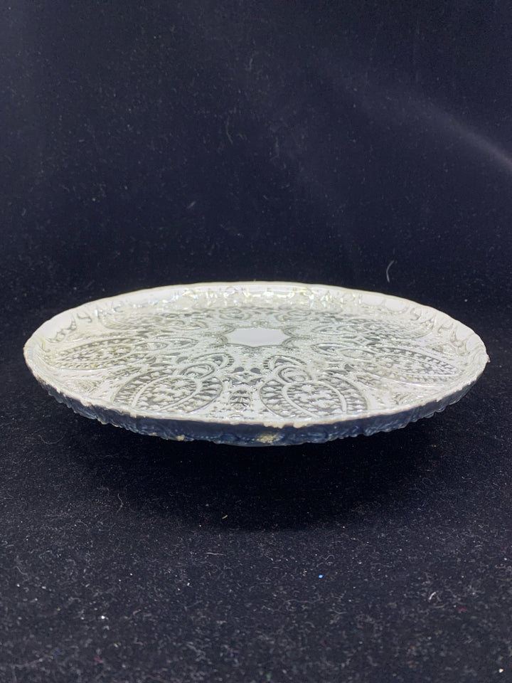 SLIVER GLASS ORNATE SERVER ON PEDESTAL.