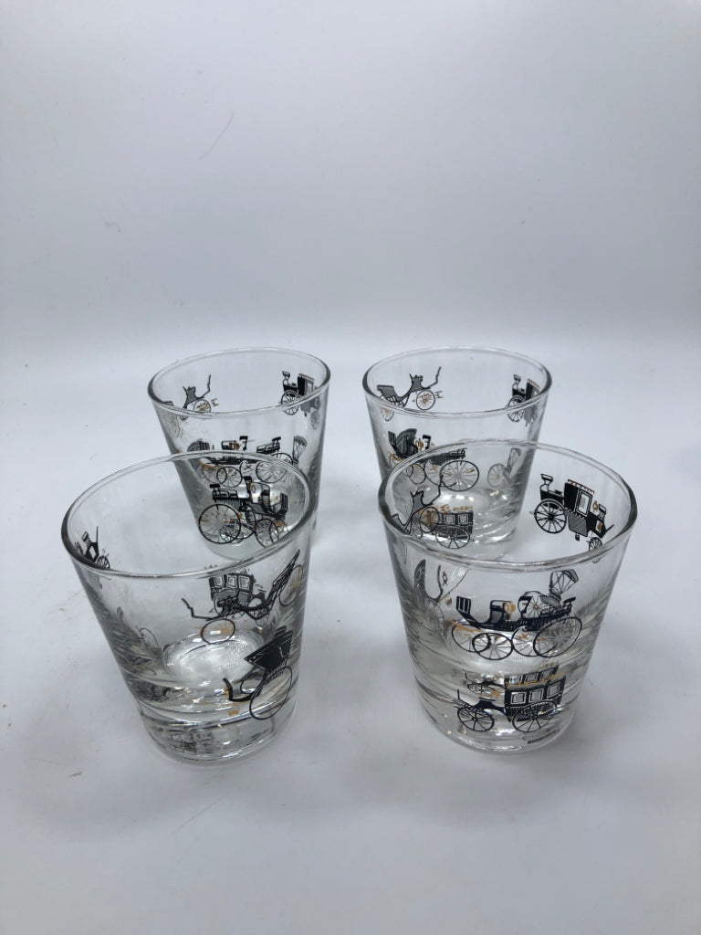 4 VTG HORSELESS CARRIAGE ROCKS GLASSES.
