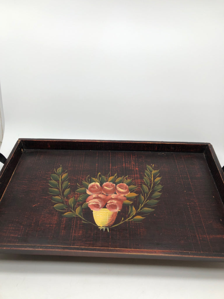 ROSE PAINTED WOOD TRAY W/METAL HANDLES AND FEET.