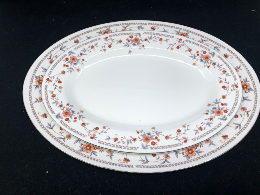 2 OVAL DYNASTY MAROON FLORAL SERVING PLATTERS.