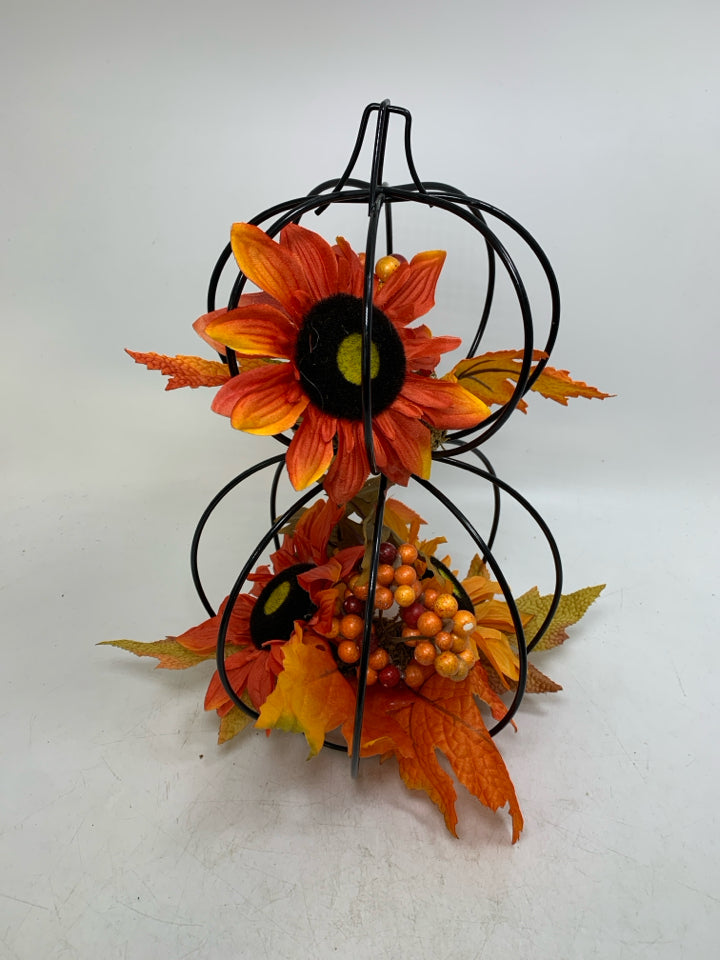 2 TIER PUMPKIN CAGE W/ FALL BOUQUET INSIDE.