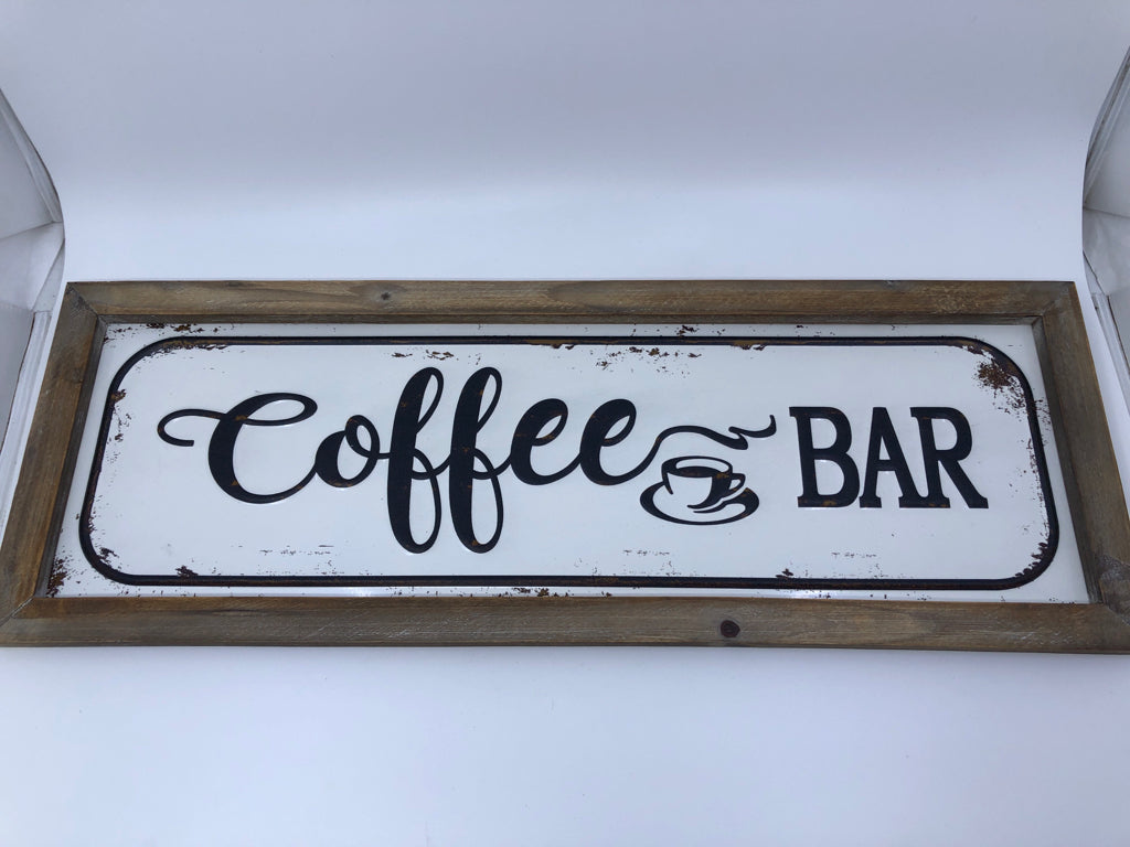 METAL COFFEE BAR SIGN IN WOOD FRAME.