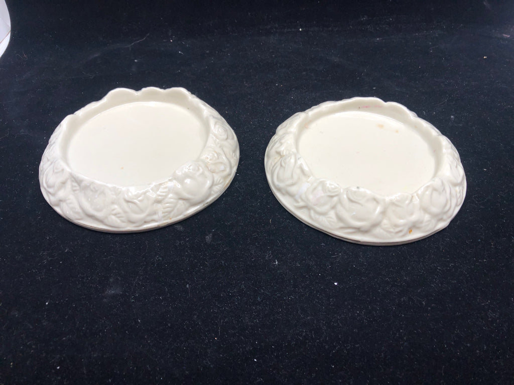 2 CERAMIC EMBOSSED ROSES PILLAR CANDLE PLATE.