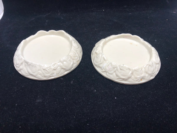 2 CERAMIC EMBOSSED ROSES PILLAR CANDLE PLATE.