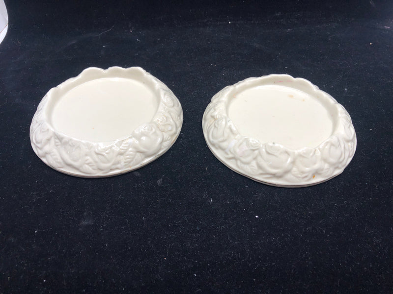 2 CERAMIC EMBOSSED ROSES PILLAR CANDLE PLATE.