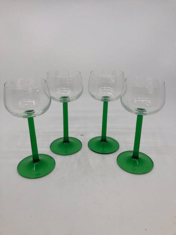 4 SMALL GREEN STEM WINE GLASSES.