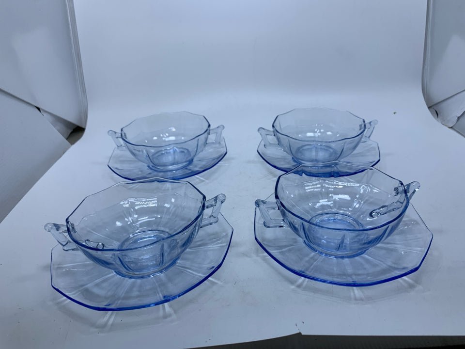 VTG 8PC SVC 4 MOON LIGHT BLUE DOUBLE HANDLED CUP W/ SAUCER CAMBRIDGE GLASS.