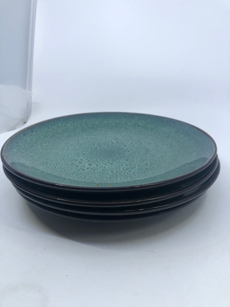 4 TEAL SPECKLED DINNER PLATES W/ BROWN EDGE.