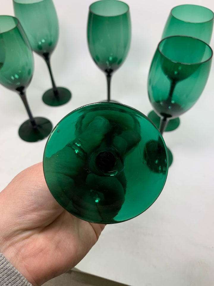 6 DARK GREEN WINE GLASSES.