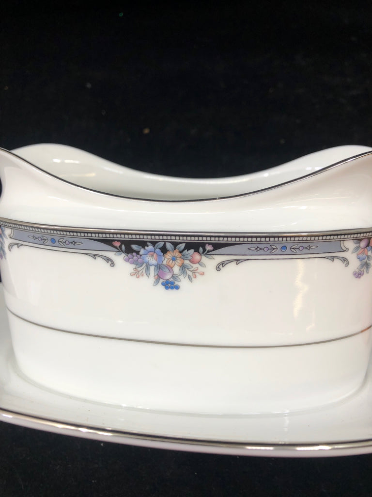 BLUE FLORAL SILVER GRAVY BOAT.