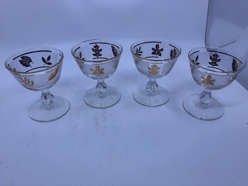 4 VTG GOLD RIMMED FROSTED LEAF SHORT BRANDY GLASSES.