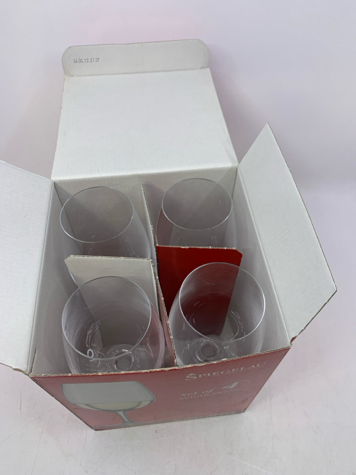 NIB 4 WHITE WINE GLASSES.