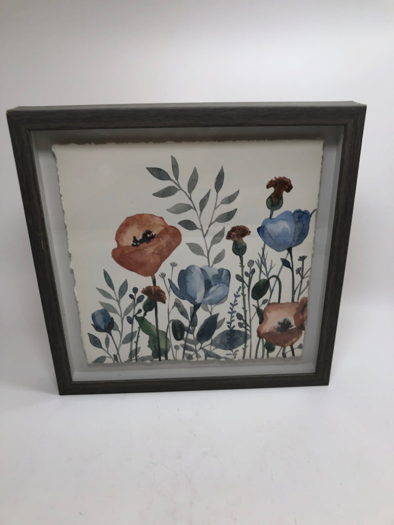 BLUE & ORANGE BUDDING WATERCOLOR FLORALS IN GRAY FRAME.