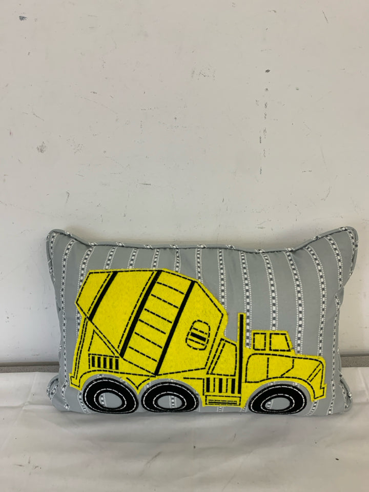 GREY W YELLOW CEMENT TRUCK PILLOW.