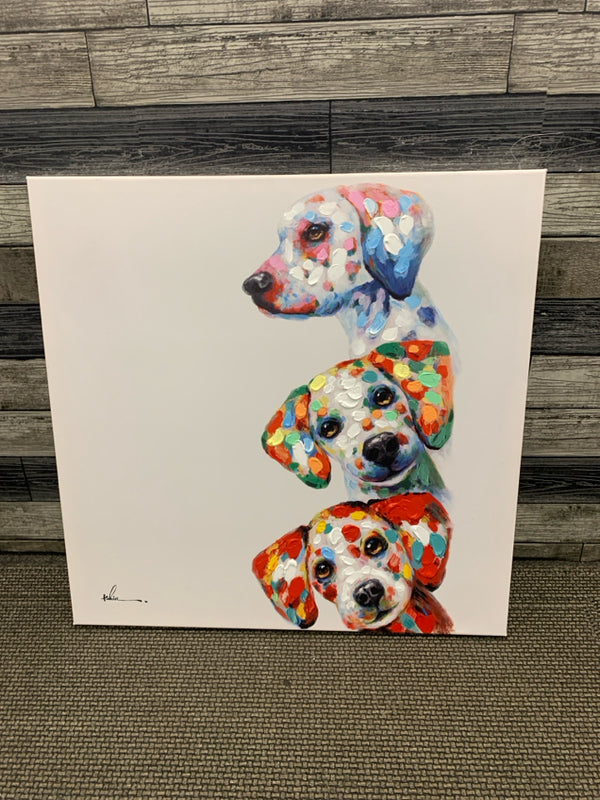 3 STACKED COLORFUL DOGS WALL CANVAS.