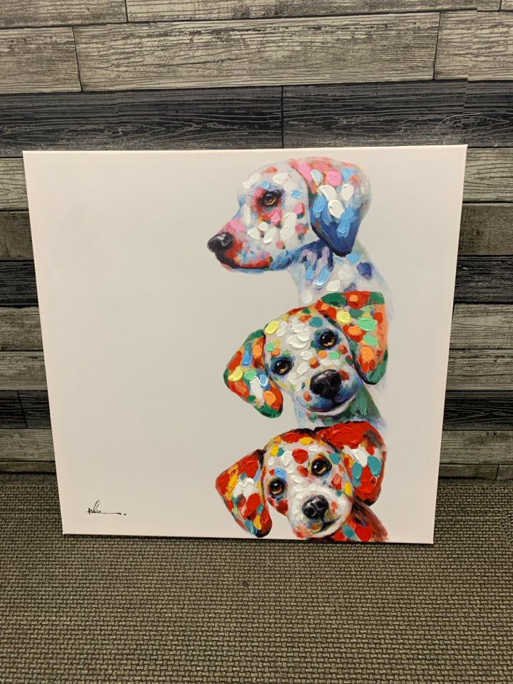 3 STACKED COLORFUL DOGS WALL CANVAS.