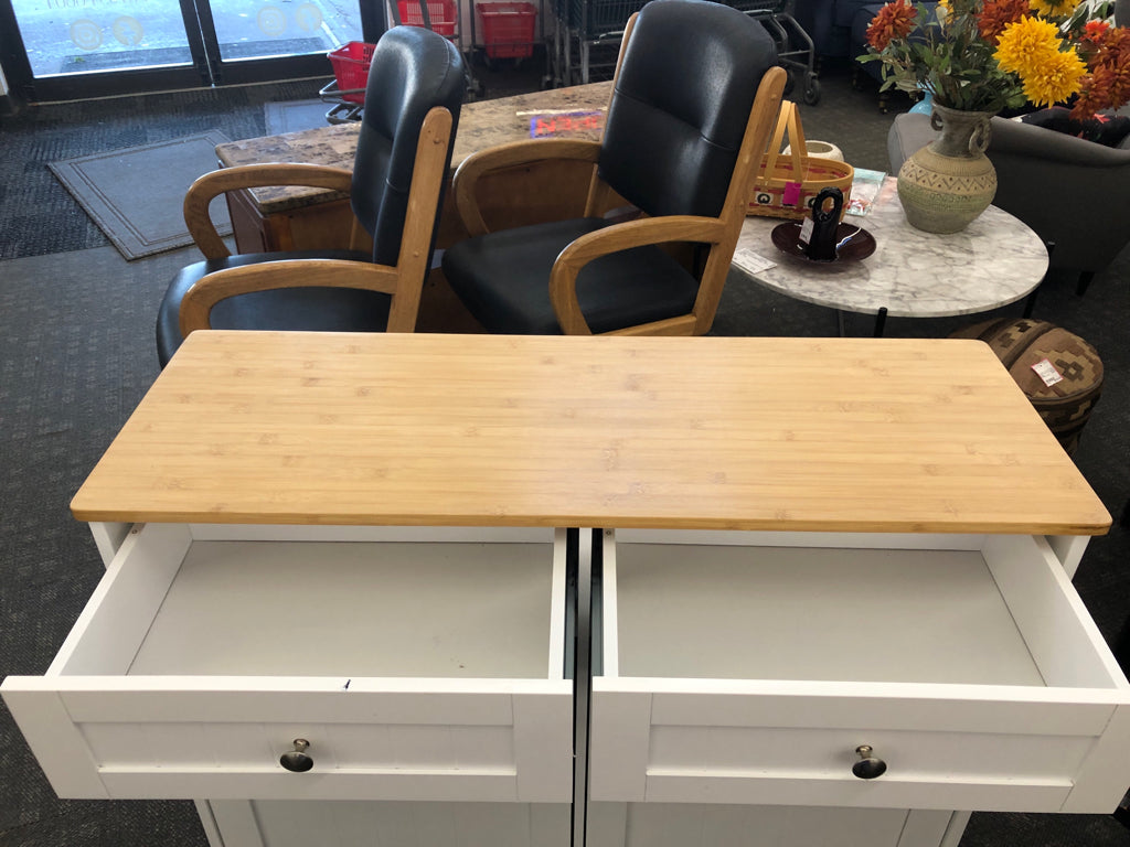 WHITE HIDDEN TRASH CABINET W WOOD TOP & 2 DRAWERS.