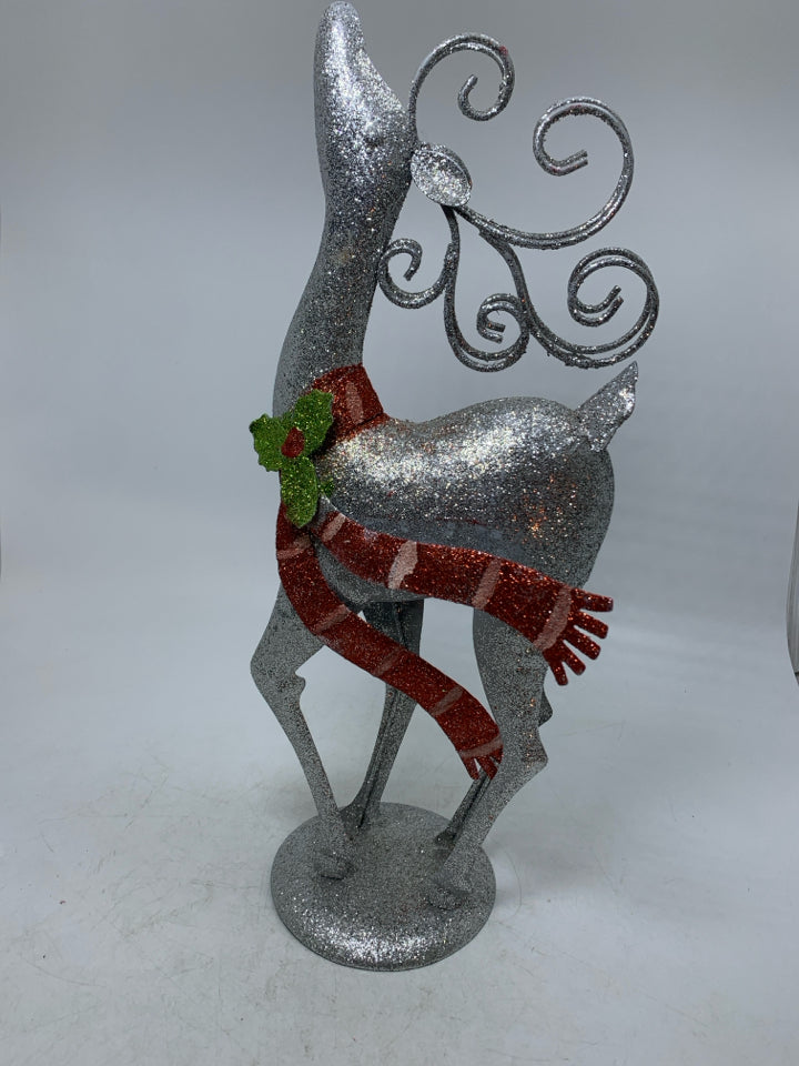 SILVER METAL SPARKLE REINDEER W/ RED SCARF.