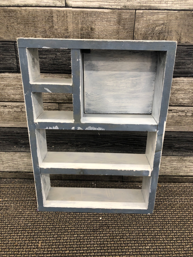 WHITE WASH WOOD SHELF W/HEART DOOR.