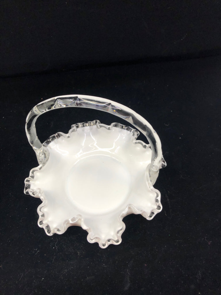 VTG MILK GLASS BASKET W CLEAR GLASS RIM AND HANDLE.