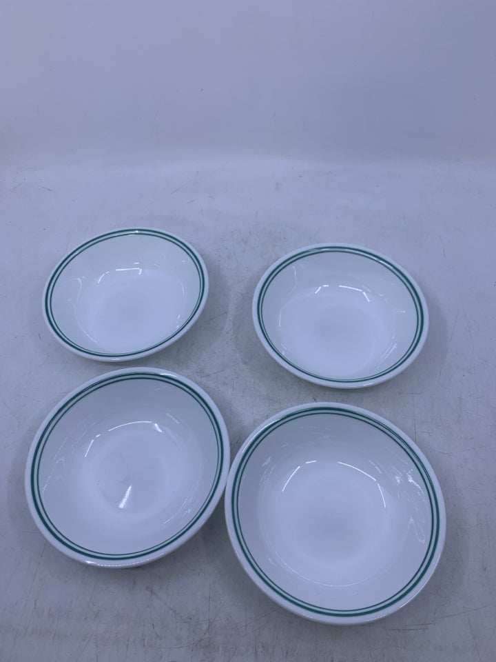 4 WHITE W/ GREEN RIM SNACK BOWLS.