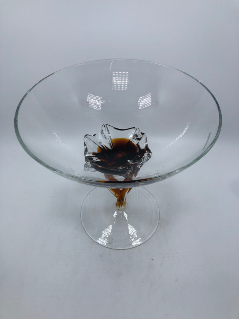 PULLED AMBER GLASS PEDESTAL BOWL.
