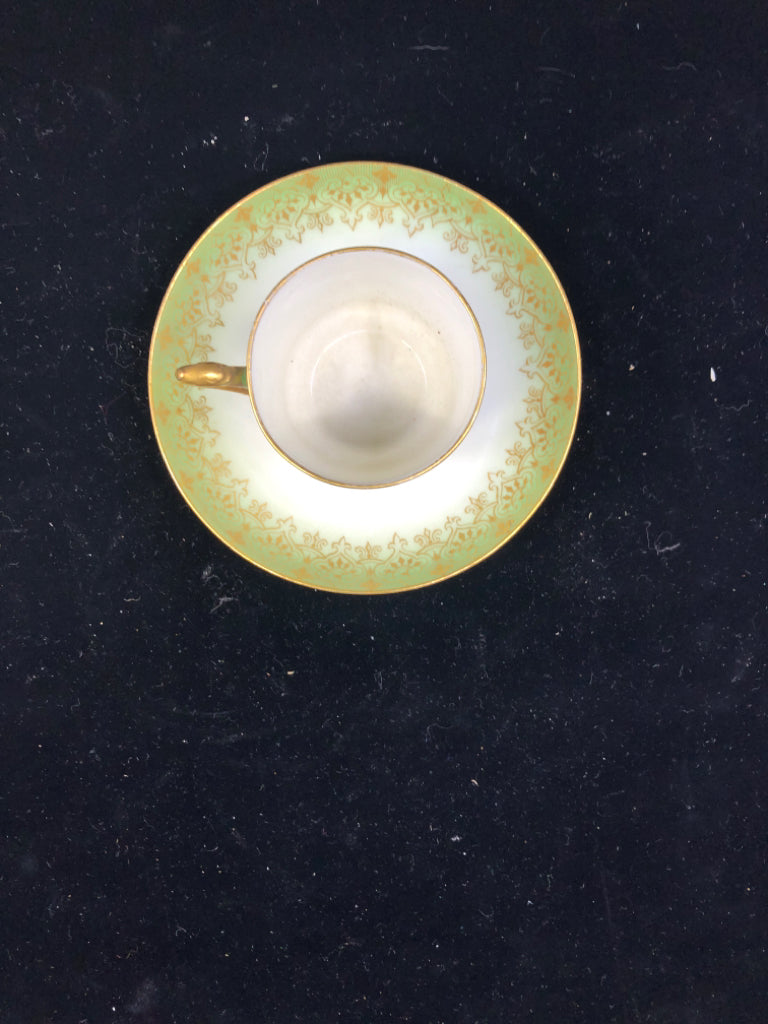 VTG GREEN W GOLD ACCENT TEACUP AND SAUCER.