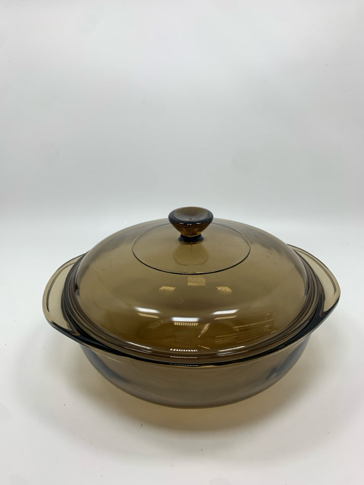 SMOKED GLASS COVERED CASSEROLE DISH - PYREX.