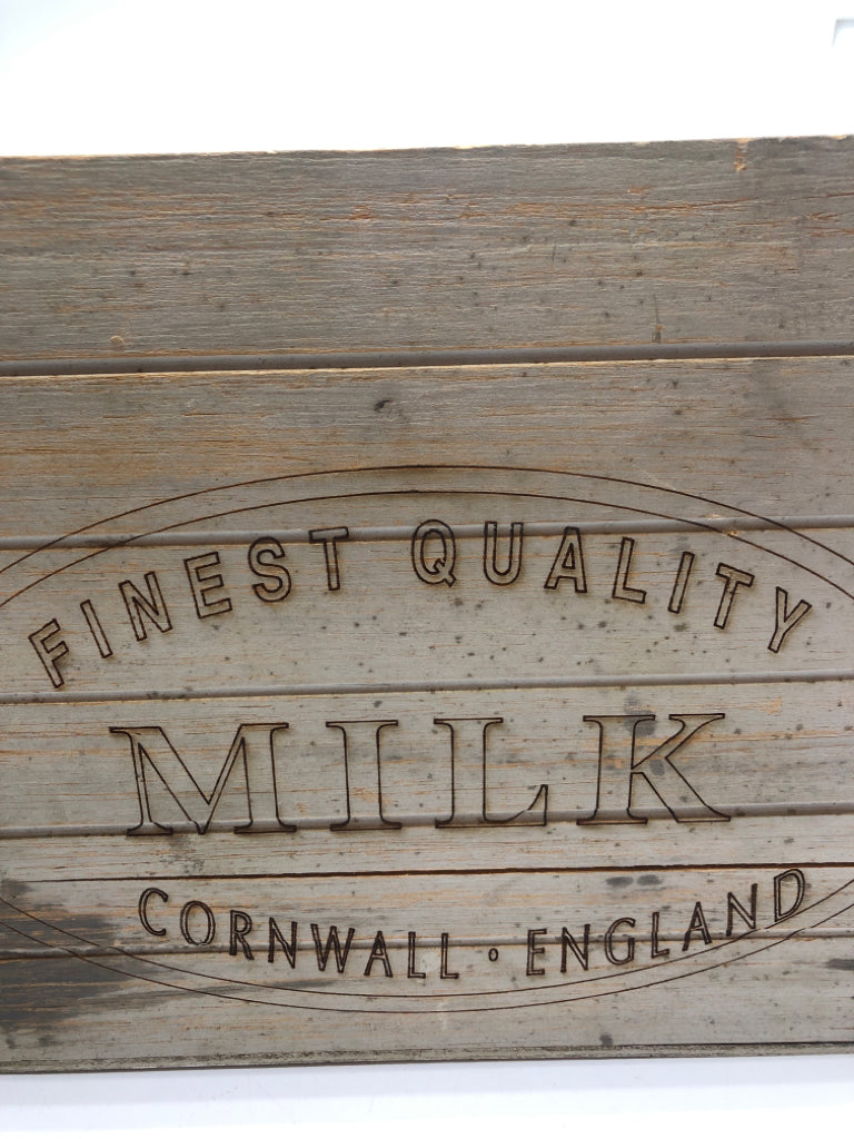 "MILK" DECORATIVE DISTRESSED WOODEN STORAGE CRATE.
