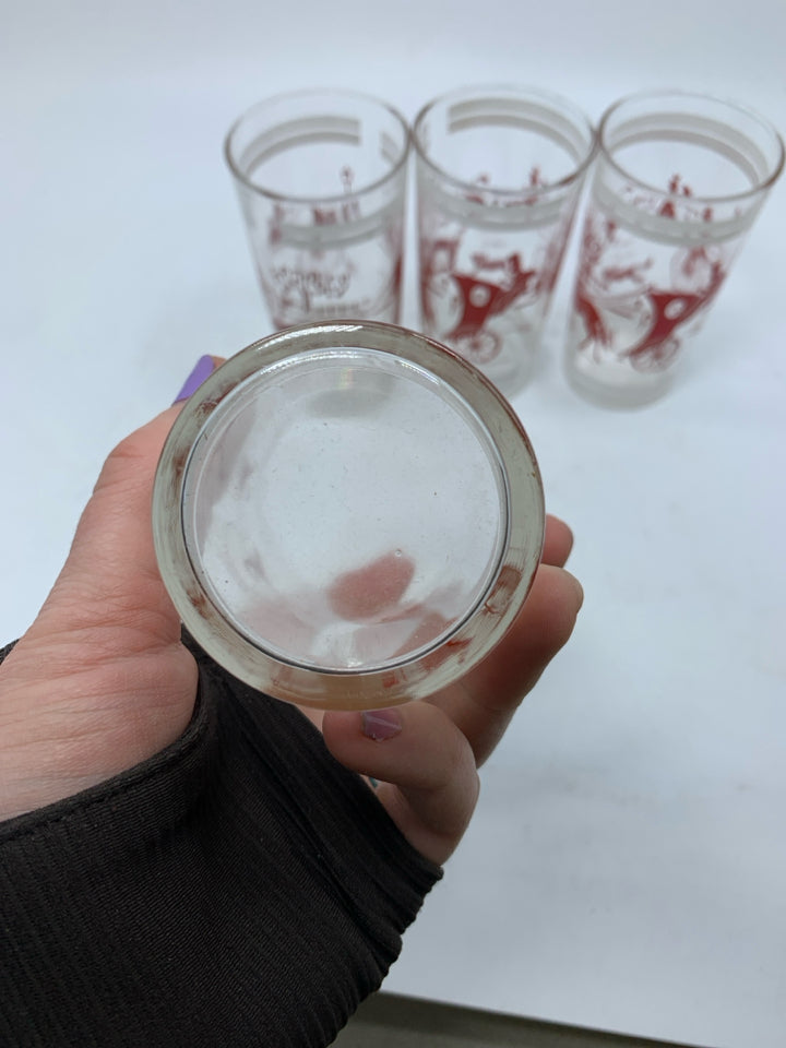 VTG 4 JUICE GLASS W/ PRINTED RED PARK SCENE WHITE DETAILS.