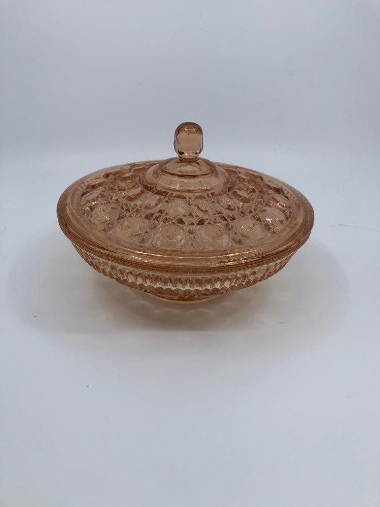ROUND VTG PINK GLASS CANDY DISH W LID.