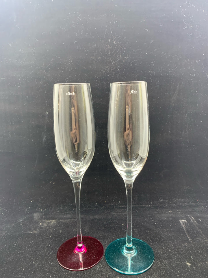 2 KATE SPADE CHAMPAGNE FLUTES PINK/BLUE "CLINK,FIZZ" ETCHED ON GLASS.