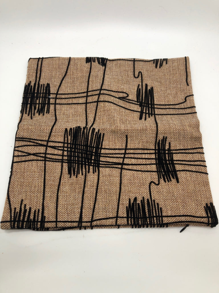 BEIGE TAN/BLACK ABSTRACT SCRIBBLE GEOMETRIC TEXTURED PILLOW COVER.