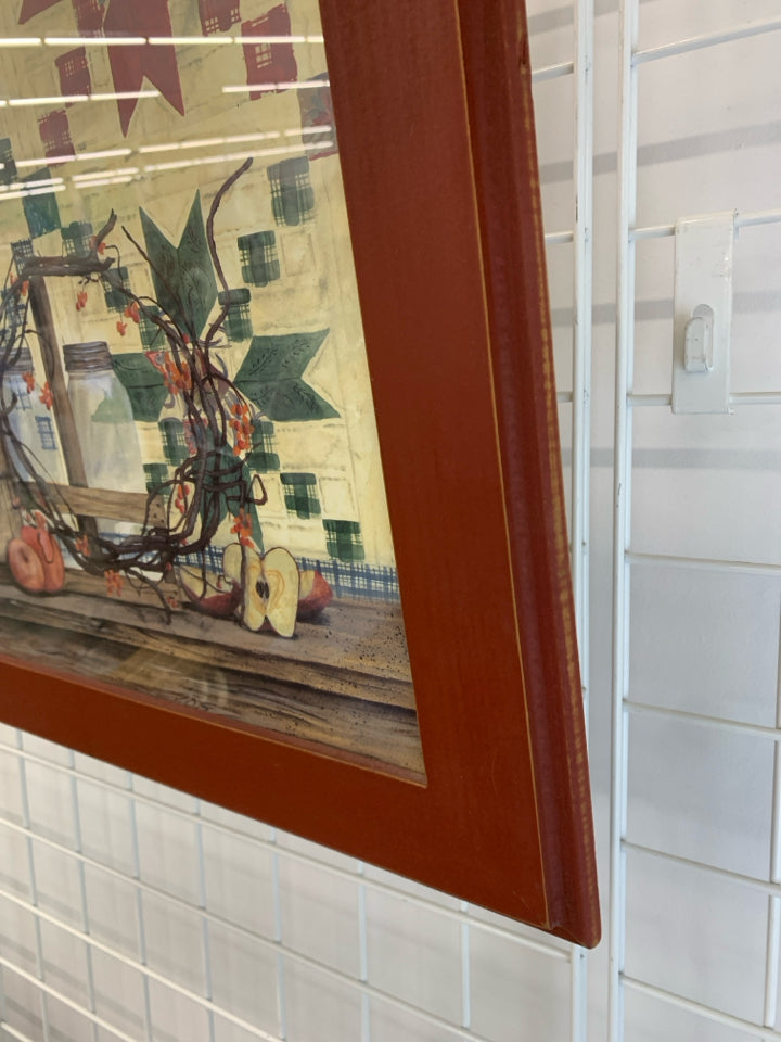 PRIMITIVE APPLES PRINT IN RED WOOD FRAME.