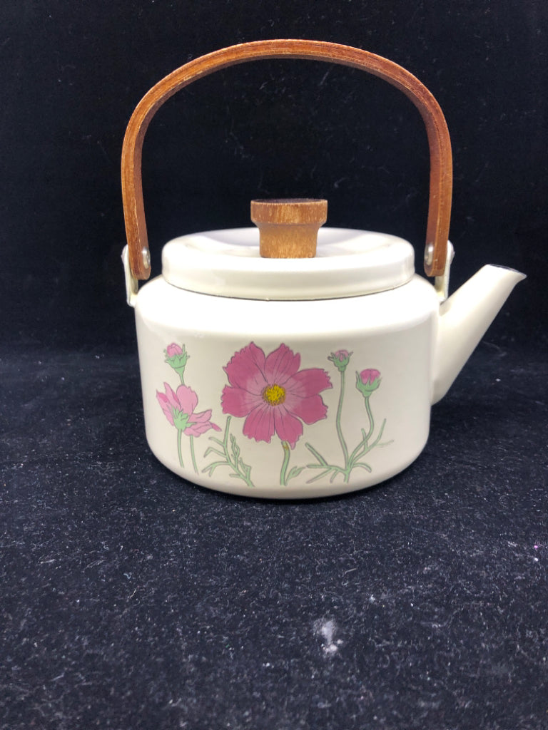 VTG CREAM FLORAL METAL TEA KETTLE.