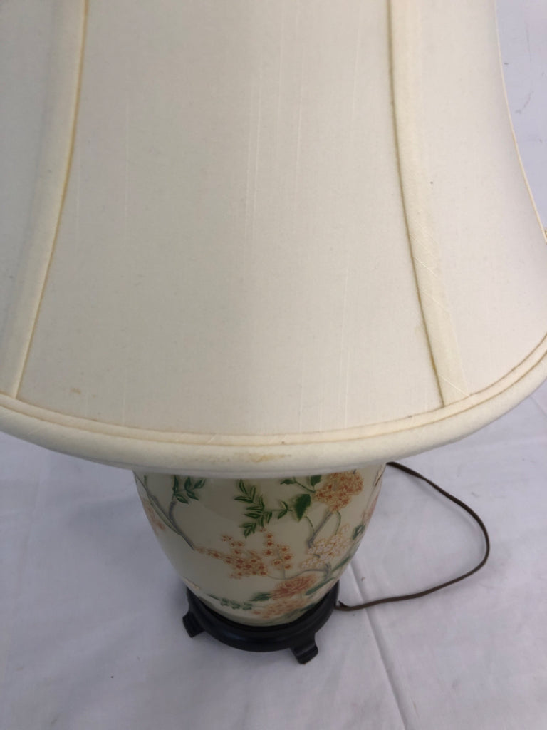 ASIAN STYLE GINGER JAR CREAM/CHERRY BLOSSOM BASE/WHITE SHADE LAMP.