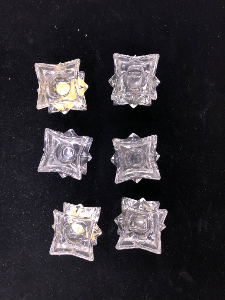 6 TAPERED CRYSTAL CANDLE HOLDERS PINCHED SQUARE.