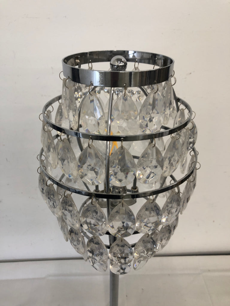 SILVER BASE LAMP W/ HANGING JEWELS SHADE.