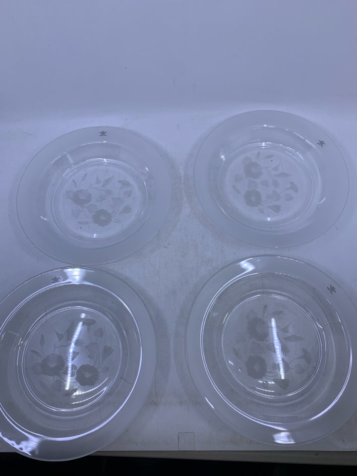 4 CRYSTAL FROSTED HUMMING BIRD SOUP BOWLS.