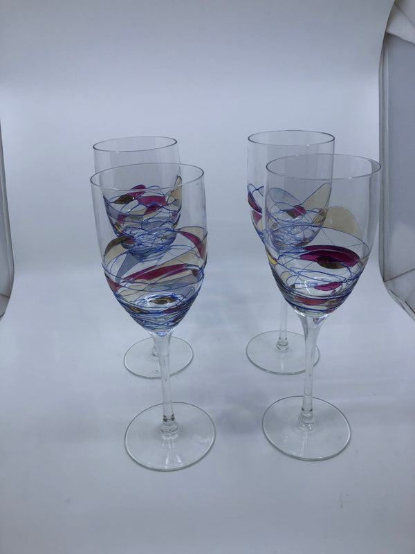 4 LARGE STAINED GLASS GLASSES PINK/GOLD/BLUE WINE GLASSES.