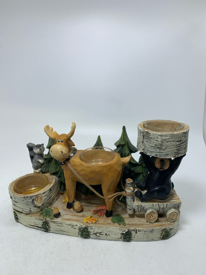 3 SLOT MOUNTAIN CABIN ANIMALS RESIN TEALIGHT HOLDER.