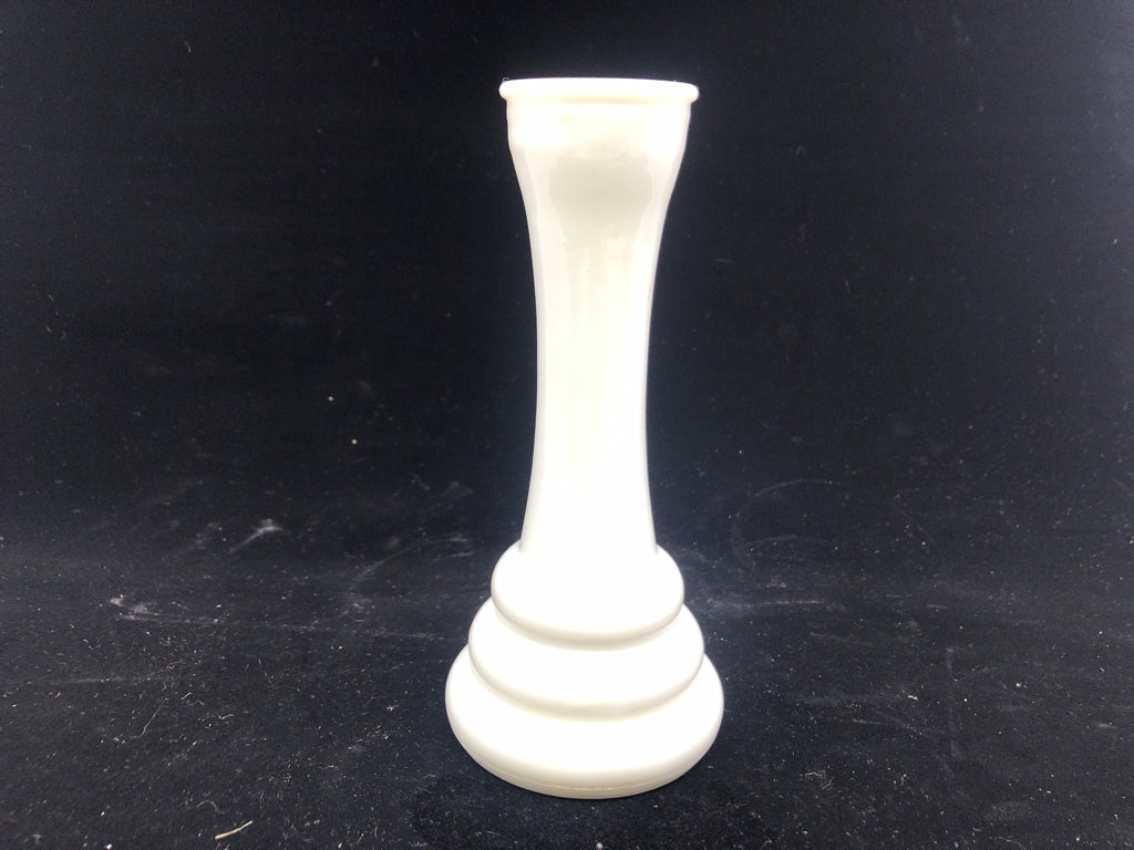 MILK GLASS BUD VASE W RIBBED BOTTOM.