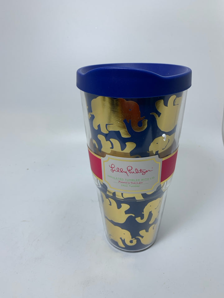NEW INSULTED TUMBLER W/ GOLD ELEPHANTS W/ LID.