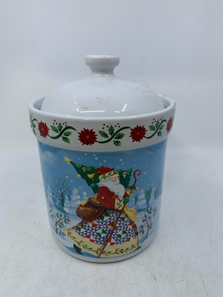 CERAMIC HEARTWOOD CREEK JIM SHORE SANTA CANISTER.