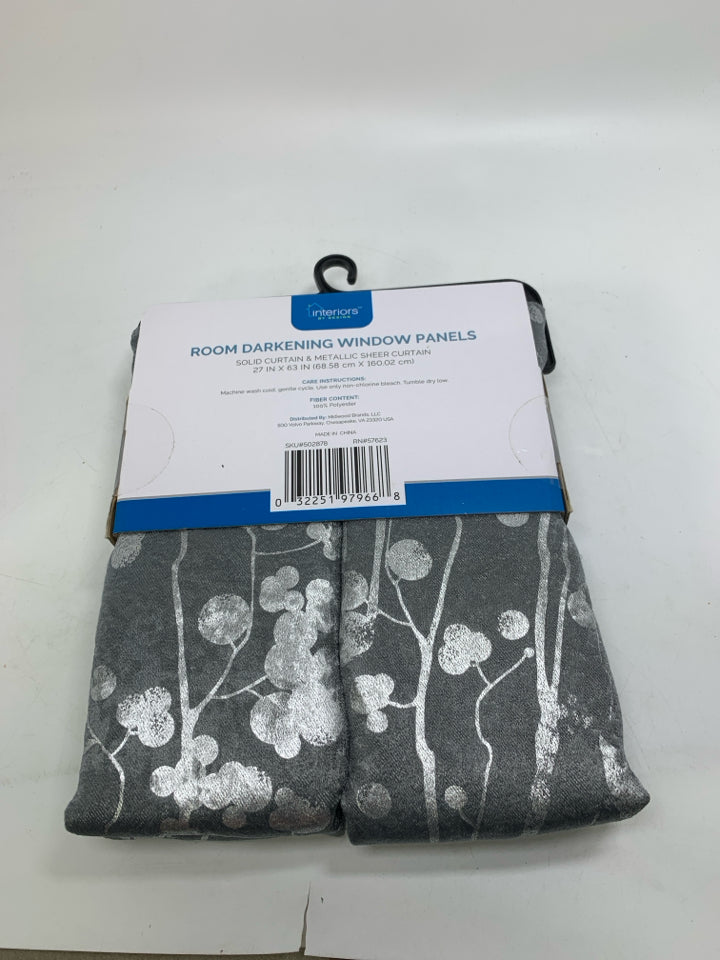 NIP GRAY METALLIC FLORAL CURTAIN PANELS.