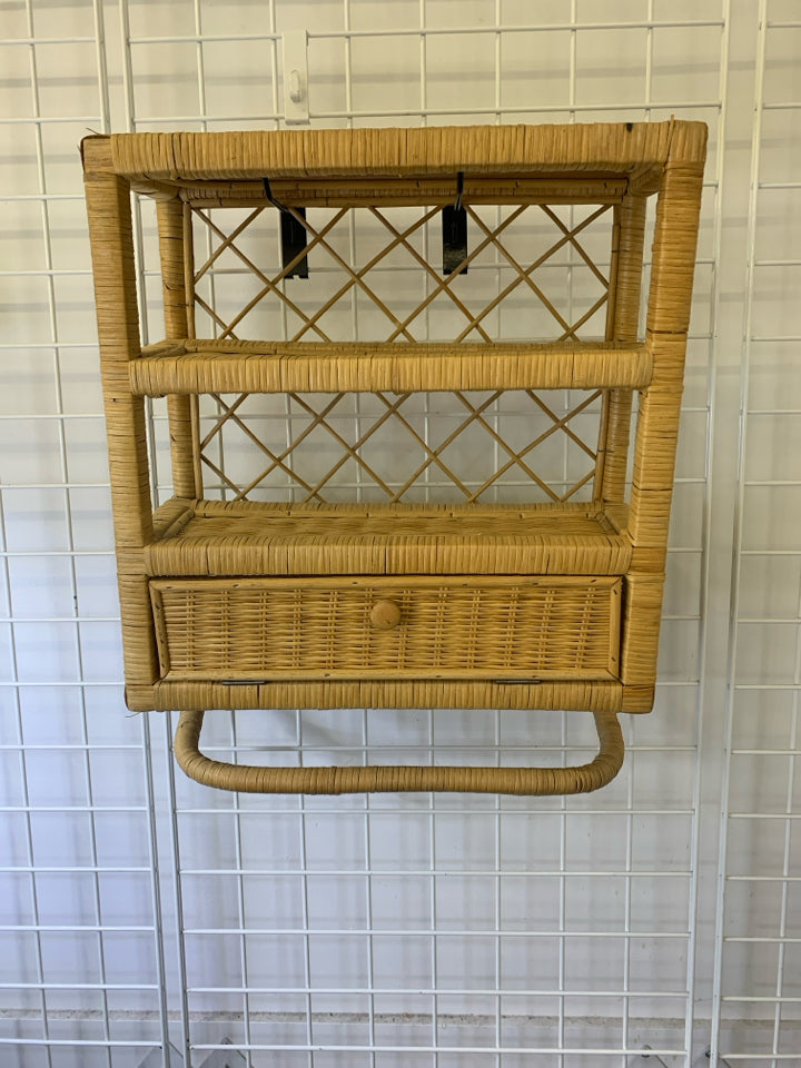 2-TIER WICKER SHELF W/ PULL DOWN DRAWER TOWEL RACK WALL HANGING.