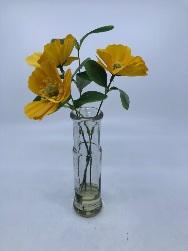 FAUX YELLOW FLOWER IN GLASS VASE.