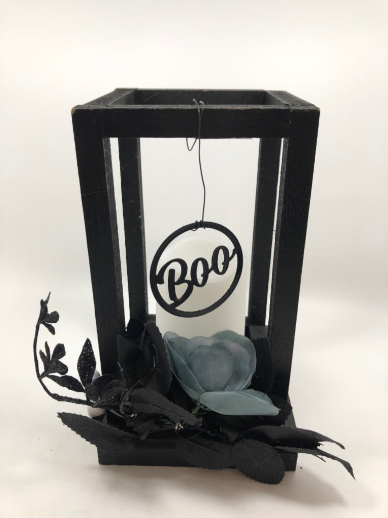BLACK FLORAL "BOO" CANDLE LANTERN.